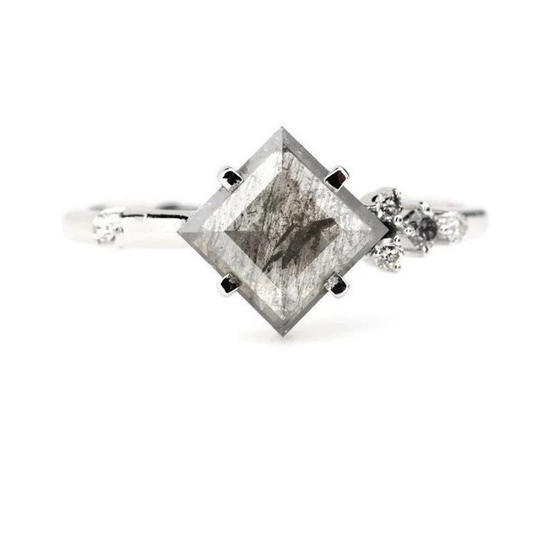 Salt and Pepper Diamond Ring ! Natural Square Cut Diamond Engagement Ring ! Natural Gray Diamond Anniversary Ring ! Gift For Her